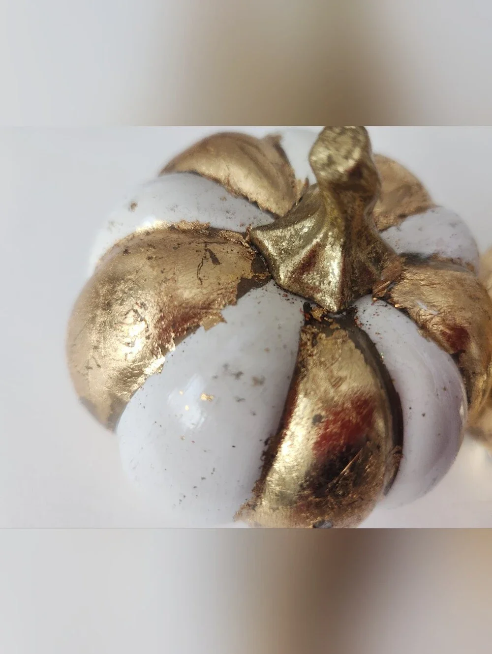 Metallic Gold  Hammerd Tray & White & Gold Pumpkin Trio Hand Painted W/Gold Leaf